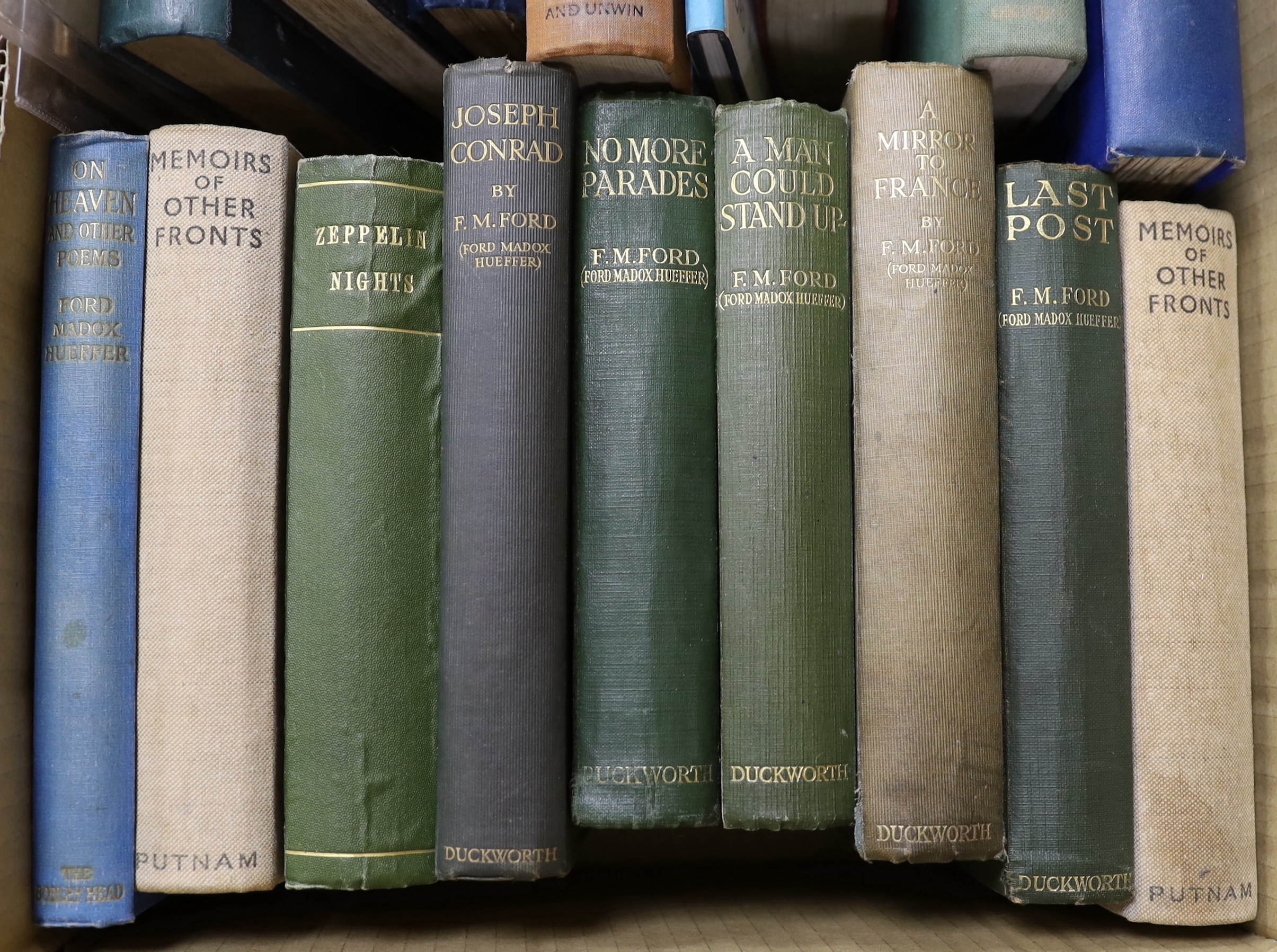 Ford, Madox Ford (Ford Madox Hueffer) - a collection of 18 novels and poems - Songs From London, original teal printed card wrappers, Elkin Mathews, London, 1910; A Critical Attitude, London, 1911; The Heart of the Count